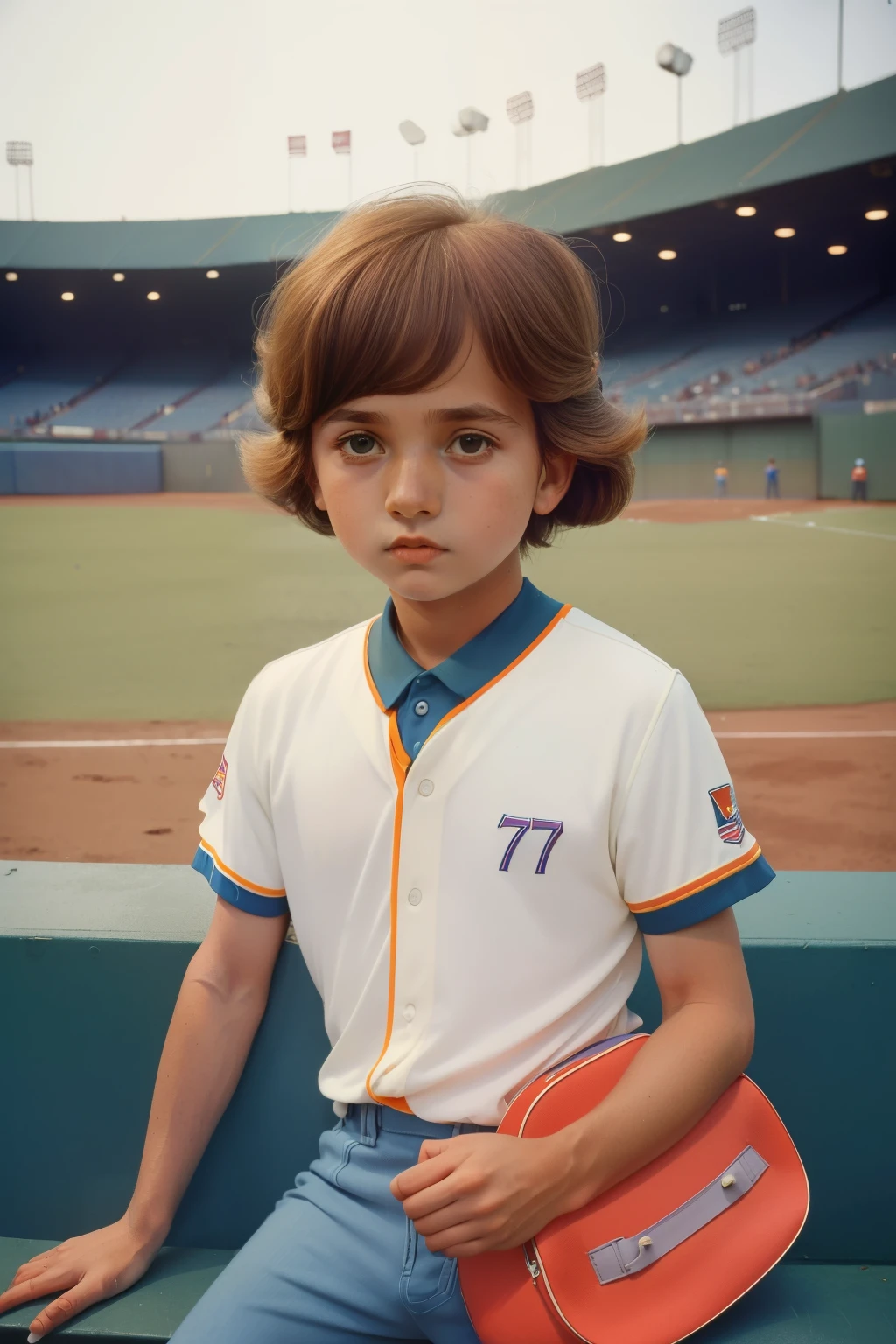 1972, Manhasset, New York. Otherworldly scene in a baseball field, ((((7-year-old)) J.R. Moehringer)), watching the game from the stands, ((fascinated expression)), ((((casual clothing from the 1970s)))), ((Hairstyle of the 1970s)), ((Wes Anderson cinematic style)), colorful