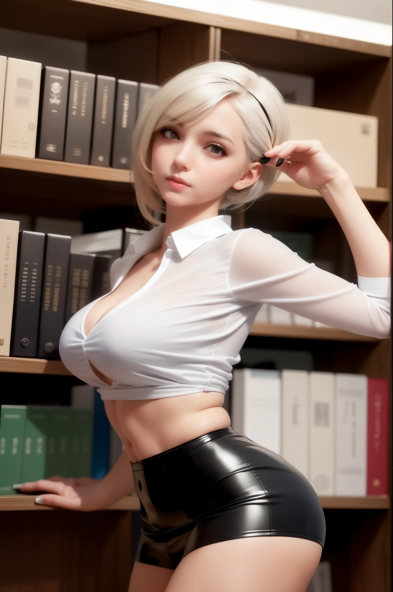 Blonde woman wearing white shirt and black leather shorts, Tifa Lockhart white hair, hyperrealistic schoolgirl, a hyperrealistic schoolgirl, Realistic perfect figure, Realistic shadow perfect body, realistic schoolgirl, perfect white haired girl, very sexy outfit, japanese goddess, Young and beautiful Amoran, librarian, 2b, 2b, looks like anne leonhardt