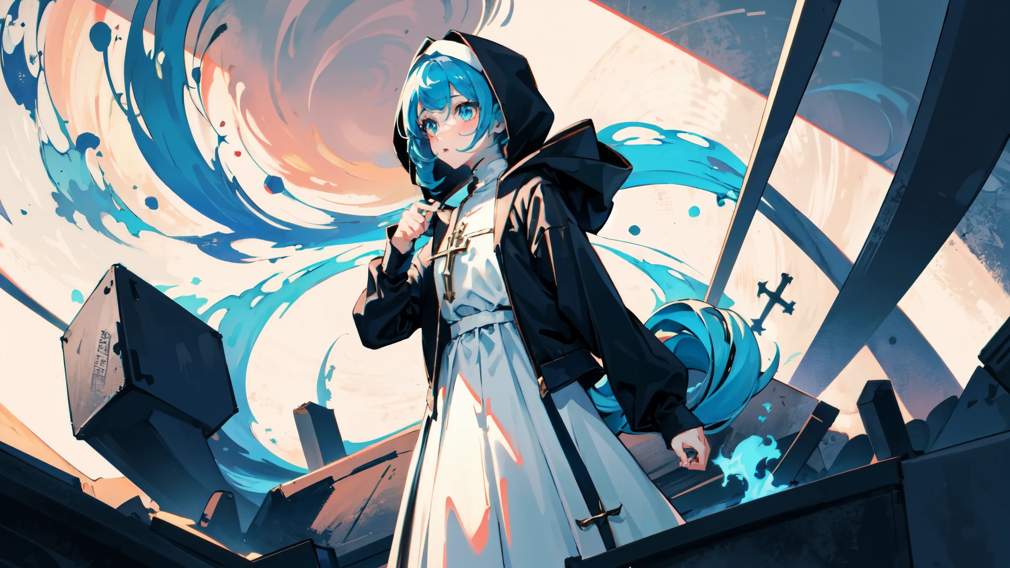 1 girl,solo, masterpiece, best quality,hooded nun uniform，pray，（face guard:1.3），crosses, perfect lighting, long skirt，long hair, Double tail, drill hair, blue hair, blue eyes, Gwen, 