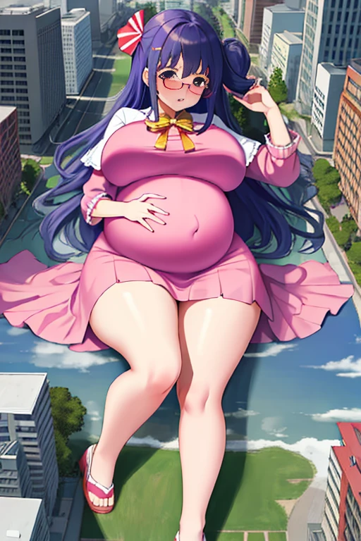 Giant maiden，Moe two-dimensional style，Pregnancy status，Round belly, Huge breasts, Thick thighs，Gaze at the bustling city, Lying down, Burp, Burping, Loud burp, Really loud burp, Glasses, Embarrassed, Full body