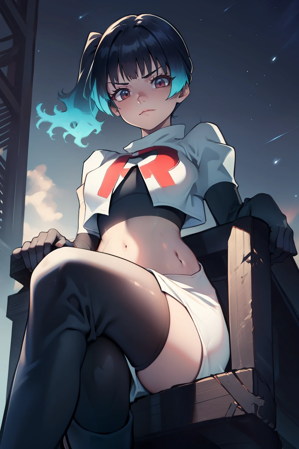 sena, side pony tail, team rocket,team rocket uniform, red letter R, white skirt,white crop top,black thigh-high boots ,black elbow gloves, sinister villianess look, looking down on viewer, crossed legs, night sky background