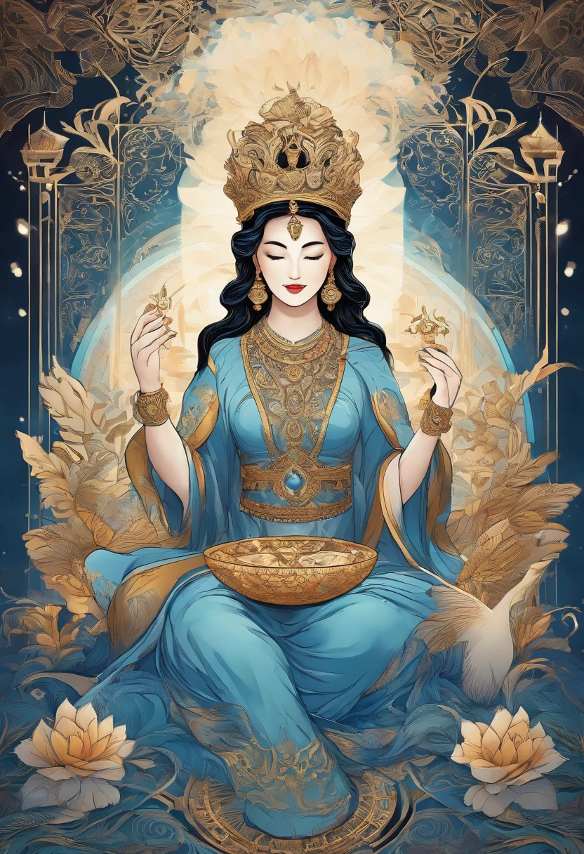(best quality,4k,8k,highres,masterpiece:1.2),ultra-detailed,(realistic,photorealistic,photo-realistic:1.37),tarot card,queengodess of knowledge,((( feeding a 🦢))) , Veena in background, dark hair, rich texture,vivid colors,mysterious ambiance,detailed patterns and symbols,feminine energy,water element,serene expression,golden highlights,sacred geometry,lush garden background,moonlit night,soft lighting,deep shades of blue,calming water ripples,traditional art style,vibrant jewel tones,delicate floral motifs,flowing gown,royal crown,crystal clear cup,divination,spiritual intuition,emotional depth,symbolic interpretation,crossed legs,graceful posture,peaceful aura,transcendental experience.