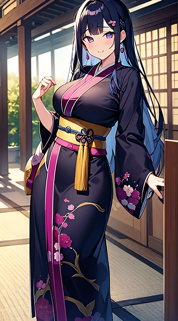 Beautiful woman with big breasts、black kimono(plum blossom pattern)、wet kimono、wet appearance、blue hair、(evening)Japanese garden、long hair down to the waist、purple eyes、embarrassed face、standing position