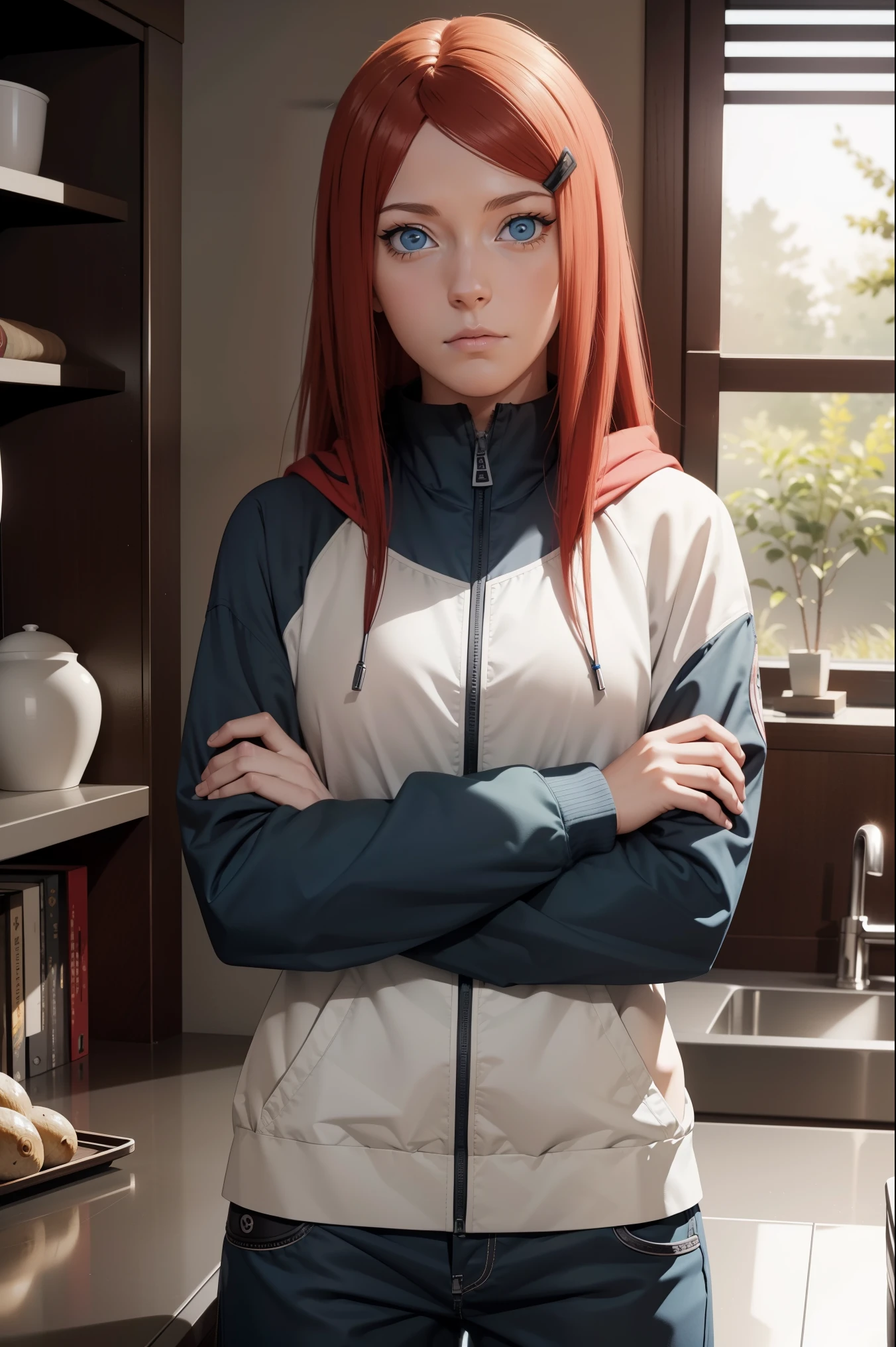 Masterpiece, ultra-detailed, 1girl, solo, Uzumaki Kushina, long red hair, hair ornament, red hair, hairclip, (blue eyes:1.5), wearing Streetwear Hoodie, looking at viewer, upper body, full body,  indoors, (masterpiece:1.2), best quality, high resolution, extremely detailed face, perfect lighting, extremely detailed CG, (perfect hands, perfect anatomy),