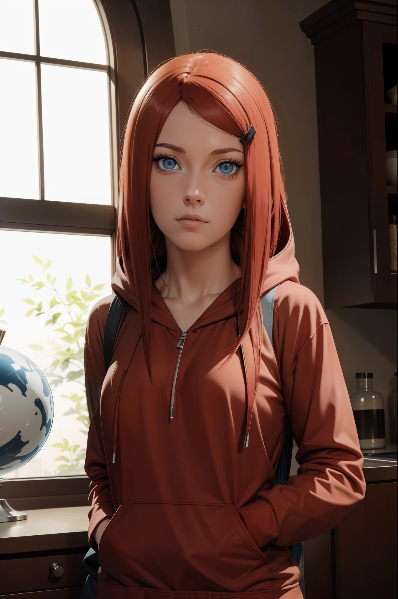 Masterpiece, ultra-detailed, 1girl, solo, Uzumaki Kushina, long red hair, hair ornament, red hair, hairclip, (blue eyes:1.5), wearing Streetwear Hoodie, looking at viewer, upper body, full body,  indoors, (masterpiece:1.2), best quality, high resolution, extremely detailed face, perfect lighting, extremely detailed CG, (perfect hands, perfect anatomy),