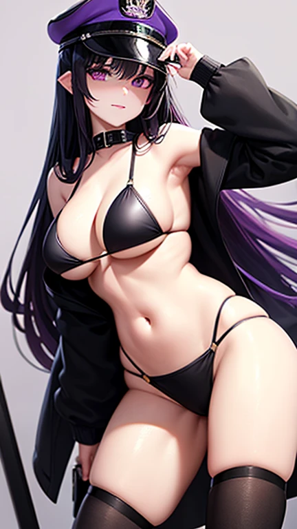black and purple military cap, long black hair, breast, bikini, black and purple military uniform, black sclera, purple eyes
