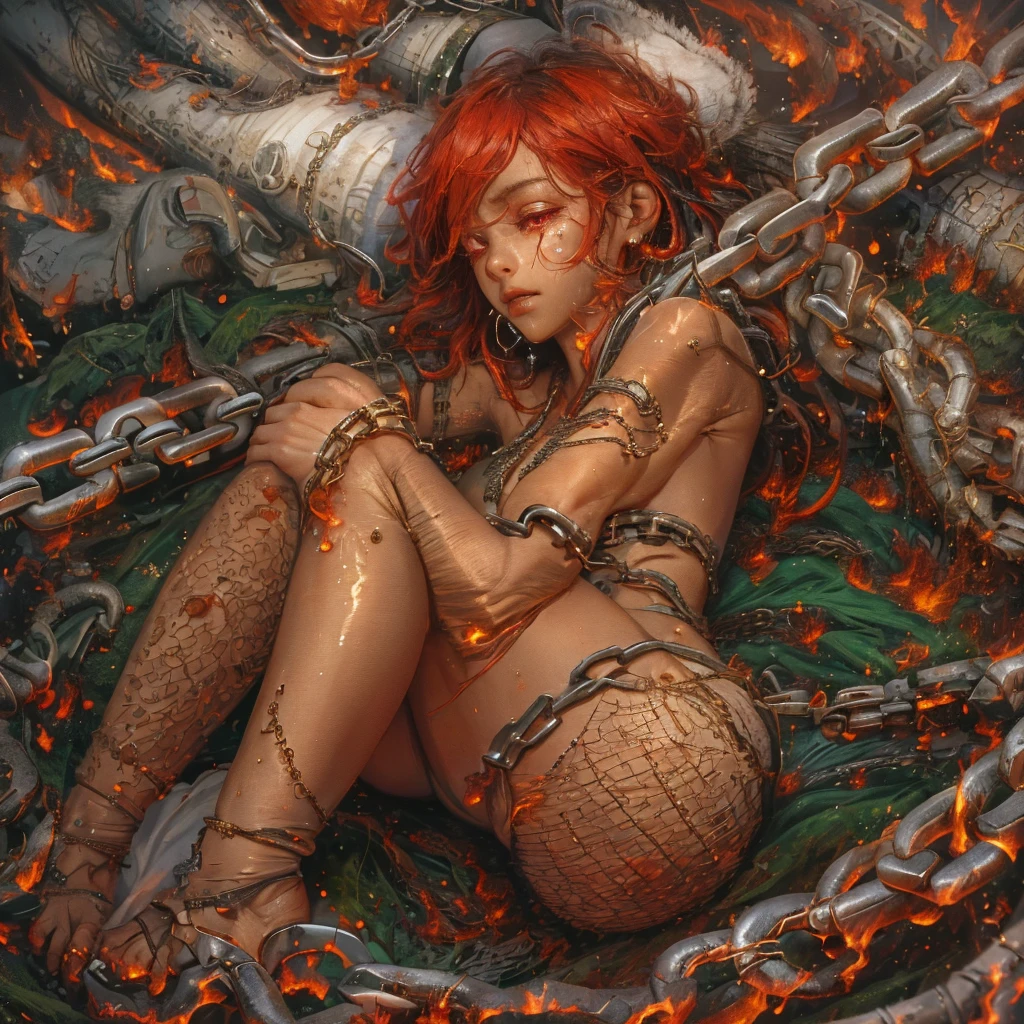 (Surrealism, complex background:1.1)ultra detailed, beautiful and aesthetic, masterpiece ,best quality:1.3,full body, slim abs ,shiny skin ,ultra-detailed face, detailed eyes, lustrous lips ,subtle smile, red tones, realistic style with fantasy elements,Restraint,Lying,break,nsfw(2man and 1woman,having sex))+boy on top,rap〇,vaginal penis,BDSM, Restraint feet, restrained arms, Bound, chains, tied with chains, restrained body, Unable to move, bondage chains, Tied up, bondage chainsondage Restraint,18 year old,{{{small breasts}}}small body,(dark tan skin), (dark-skinned female, tanned)short cut,bright red hair, burning eyes, realistic eyes,charming realistic characters,(red sexy,burning dress)swet, Spread legs, , Pubic hair,Crying fece,vaginal,1boy,cum on body,a large amount of semen,pussy juice,pussy cum,