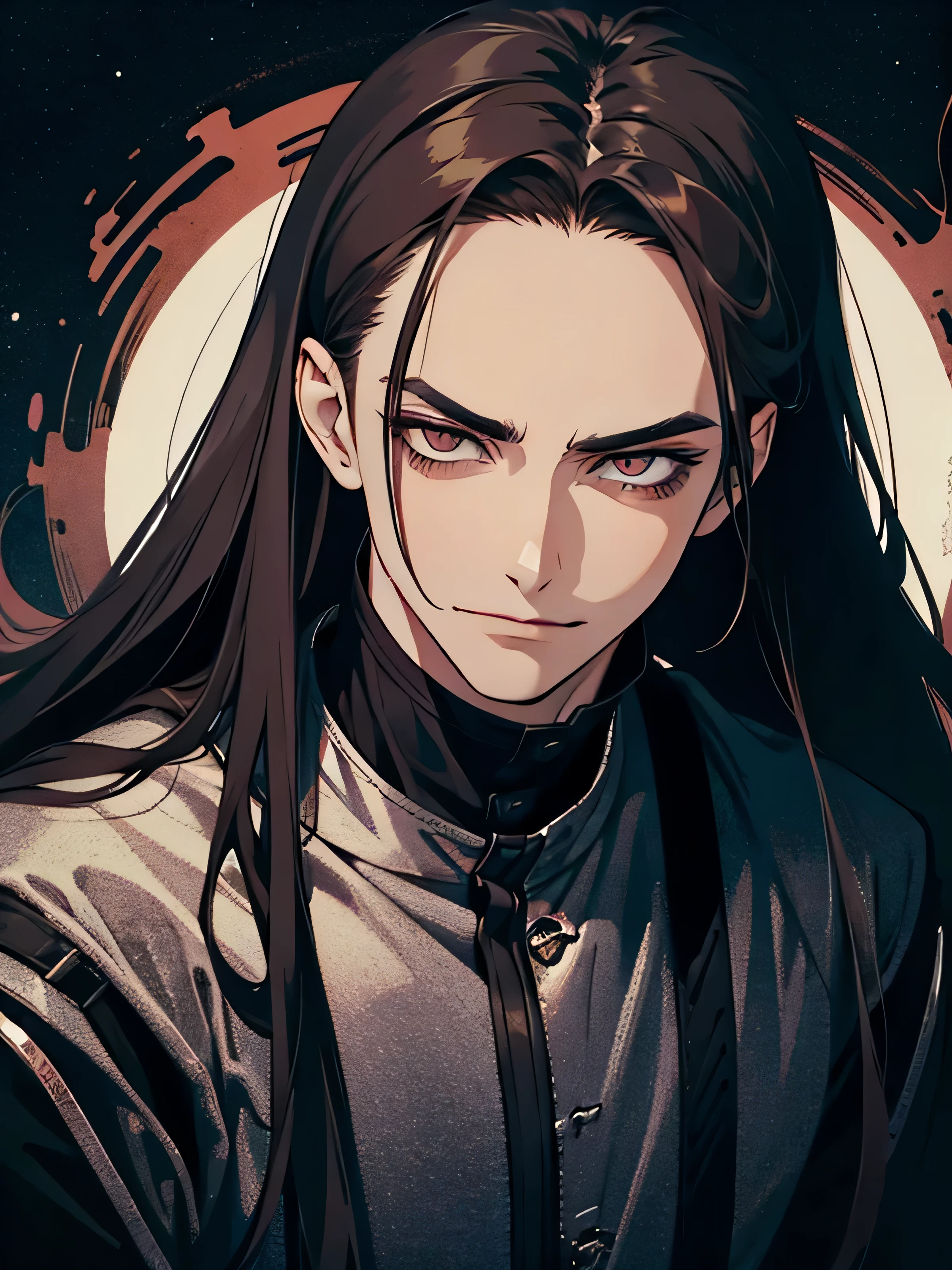 chef-d'artwork, Best quality, 1 male, Humain, adulte, 20 ans, mal look, mal smile, mal, Iris rouge, Dark Hair, cheveux longs, front plie, visage vicieux, Dark theme, sous une planete, Facing the'avant, Légèrement par le haut, (haut du corps)