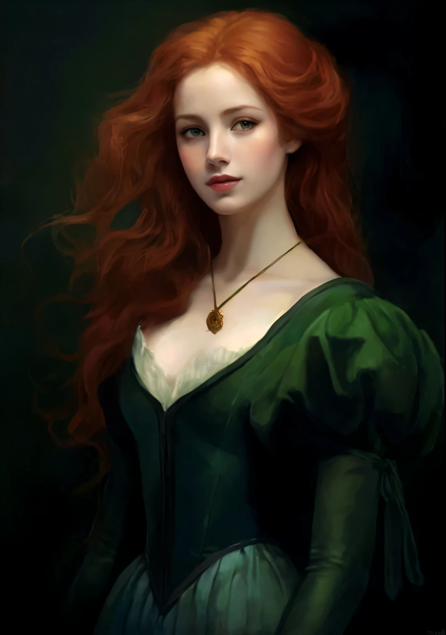 un cuadro de una mujer pelirroja y vestido verde, hermosa pintura de personajes, Portrait of Princess Merida, charlie bowater ricos colores profundos, fantasy portrait art, arte de personajes de charlie bowater, in bowater art style, beautiful fantasy art portrait, impresionante arte de personajes, fantasy art portrait, fantasy characture portrait, Estilo de Charlie Bowater