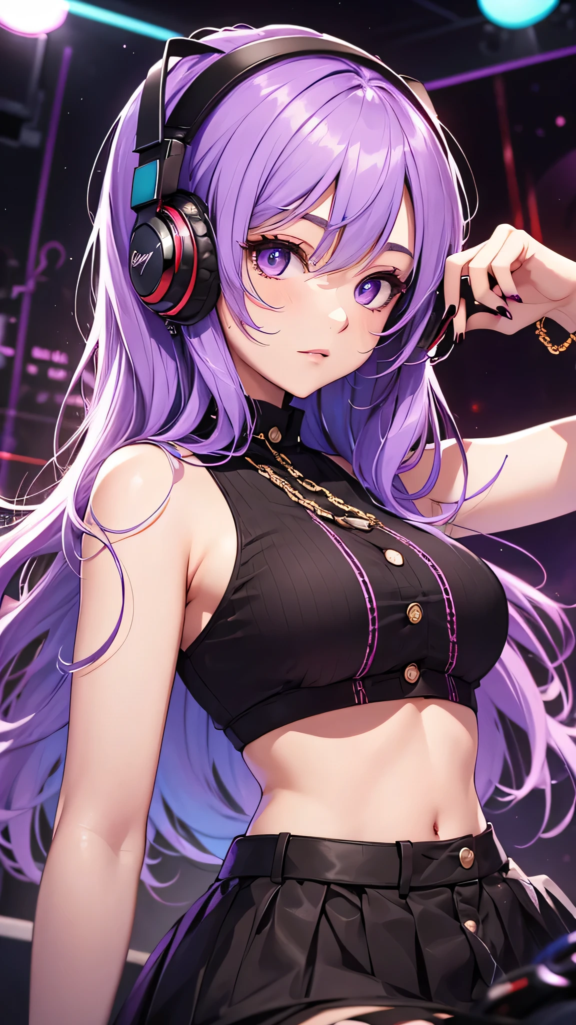highest quality、Highest image quality、masterpiece、age girl((18-year-old、 Agar、vest bust、medium bust,wide open breast tea、purple eyes, purple hair、long hair、slender,highest valley、cute makeup、black nail polish、white short skirt、Looks like fun、have a guitar、black spats、fluttering hair、red belly button tank top、chain accessories、DJ、headphones)),high quality、beautiful art、background((night live house、red laser light、blue laser light、random laser points、Virtual space、golden laser beam、purple laser light、DJ booth)),muste piece、Depth of written boundary、movie、visual art、perfect art、