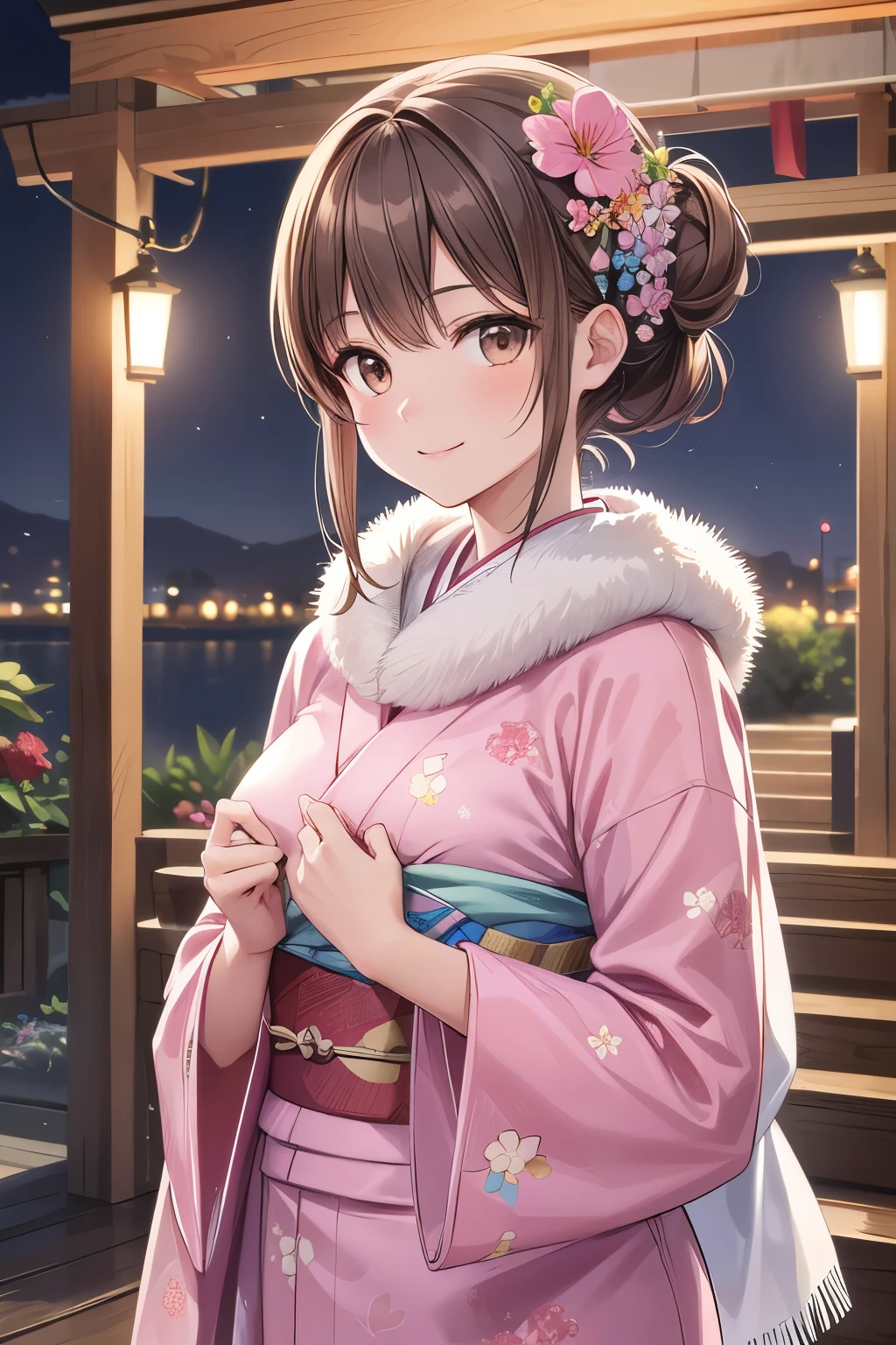 photo realistic,solo girl,  20 years old,medium hair, brown hair, brown eyes, chignon,medium breast, smile,happy,flower hair accessory,pink kimono, flower print,white fur scarf,night,shrine,Best Quality,  High resolution,  Extremely detailed,  Detailed background,  Perfect Lighting