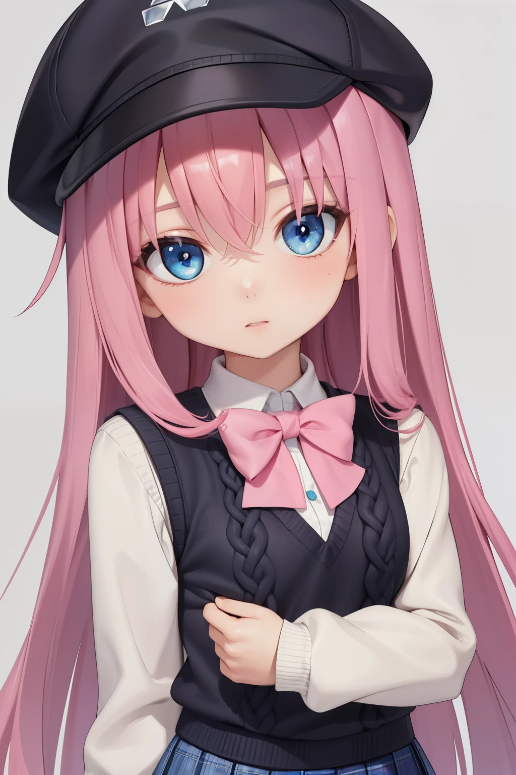  (masterpiece, best quality:1.2), close-up image of, a person with long pink hair, blue eyes, wearing a black snapback hat, with a white long-sleeved sweater and a black knitted vest, a short gray school skirt, ultra detailed, best quality, expressive eyes, perfect face, ultra hight quality, ultra detail , carrying a diamond sword