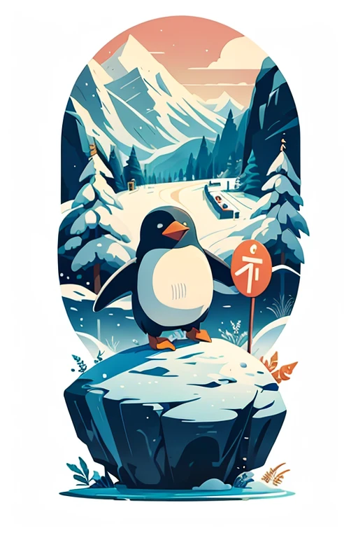 design that merges a whimsical winter scene with elements of adventure. Picture a snowboarding penguin. vector art, t-shirt art, logo style