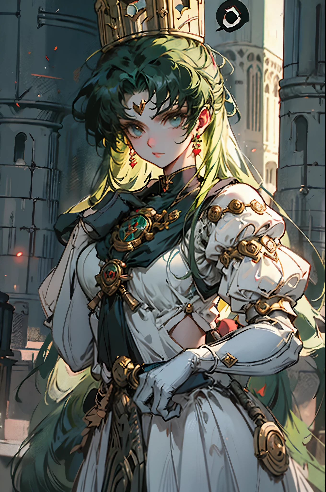Black Kakalot Female, Green Hair, Look at Viewer, ancient tower