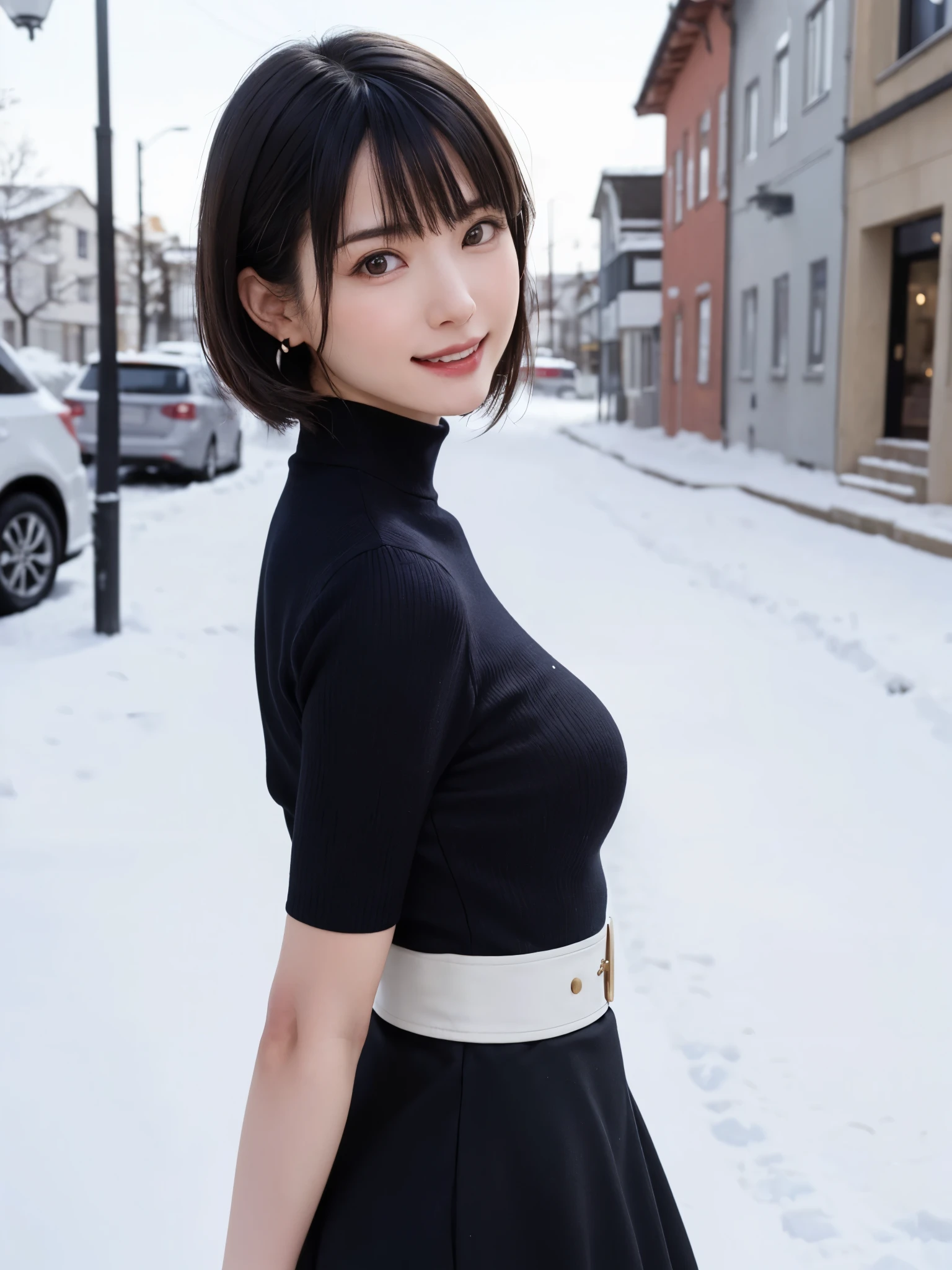 (masterpiece, highest quality),1 girl, solo, hyper reality, It's photorealistic,reality, look at the audience, light brown eyes:1.4,Brunette short bob hair with highly detailed shiny hair, bright colored winter clothes, lepangas:1.4), outdoor, closed mouth, upper body、Same with big breasts eye、eyelash、{huge|Same with big breasts|hugeな|mega} overall small breasts:2, There is a cleavage in the chest:2、(((Same with big breasts eye、short bob hair、Highlights from students、look at the viewer、she is so beautiful and cute、show me your ears、long neck、shy smile、Close your mouth and shy smile、bangs beautiful teeth)))、Ideal ratio body proportions、(Snow-covered tree-lined street in Norway in winter)、美しいlong neck:1.4、