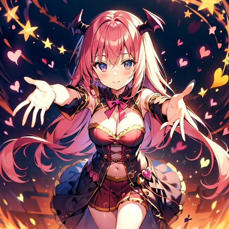 Succubus　pose of temptation　erotic body　　cute face　attractive face　Arm outstretched pose　heart mark　slight smile　pink hair　eyes are hearts　4-arm　charm magic　Angle from above