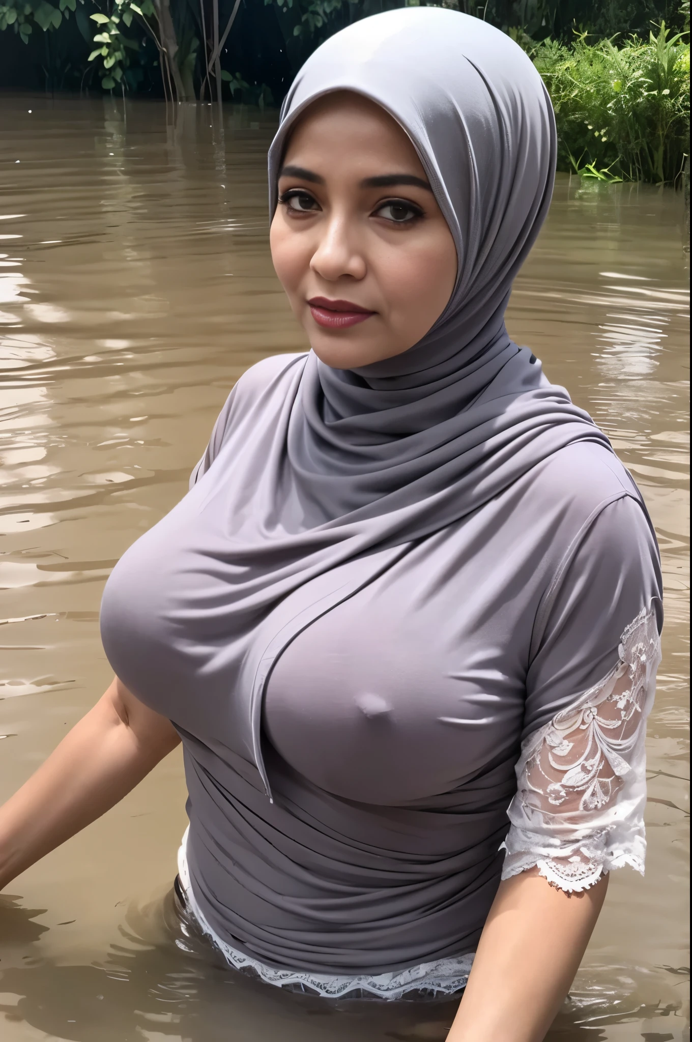 Hijab, 66-year-old mother, very skinny body, big breasts playing in very deep flood water, white lace & show my breasts, Soak in flood water , Flood water chest level