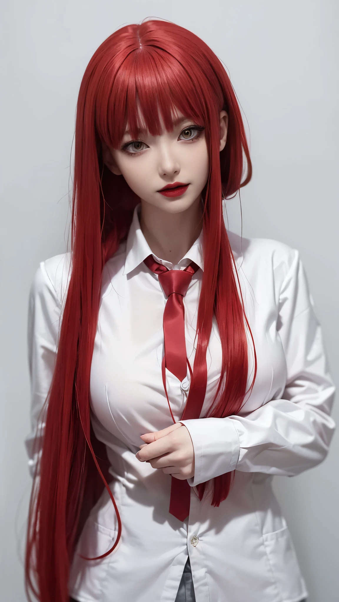 (((Makima))) from chainsaw man,Mappa, white background , Red hairs, white shirt,black tie, expressive eyes,evil happy look,red lips , beautiful evil look,pale skin,red lips,
Clear white background,large breasts,beautiful big eyes 