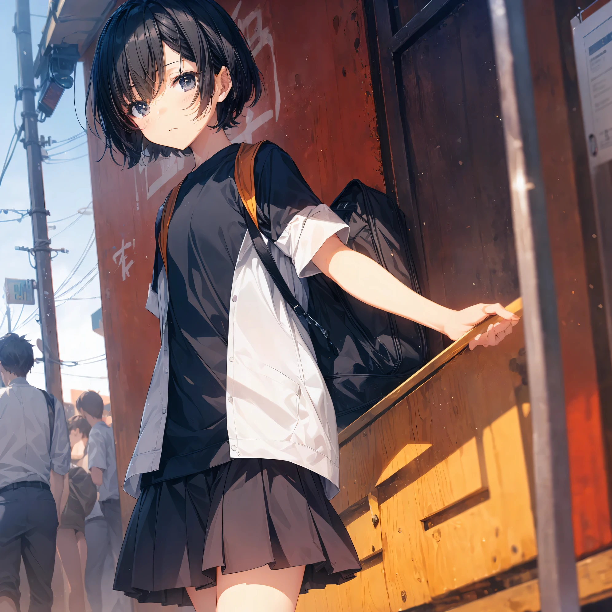 ultra-Top-quality by art God, ultra-detailed, high resolution, shinkai makoto style, anime moe artstyle, best anime 8k konachan wallpaper, pixiv contest winner, perfect anatomy, break,(Please draw a girl walking sleepily to school alone. ),break, a hyperrealistic schoolgirl, (Solo,Loli,,13-ye-ol3),Fulimbs, complete fingers,a junior high sccharm, (Very very Short hair), messy hair, flat soft chest, Small butt, groin, Small eyes,beautiful detailed black eyes, well-proportioned iris and pupils, disgusted eyes, highres detailed hair, school Uniform, skirt,  in the School commute route. break,super detailed skin, Best lighting powered by famous artist, 8k, illustration,