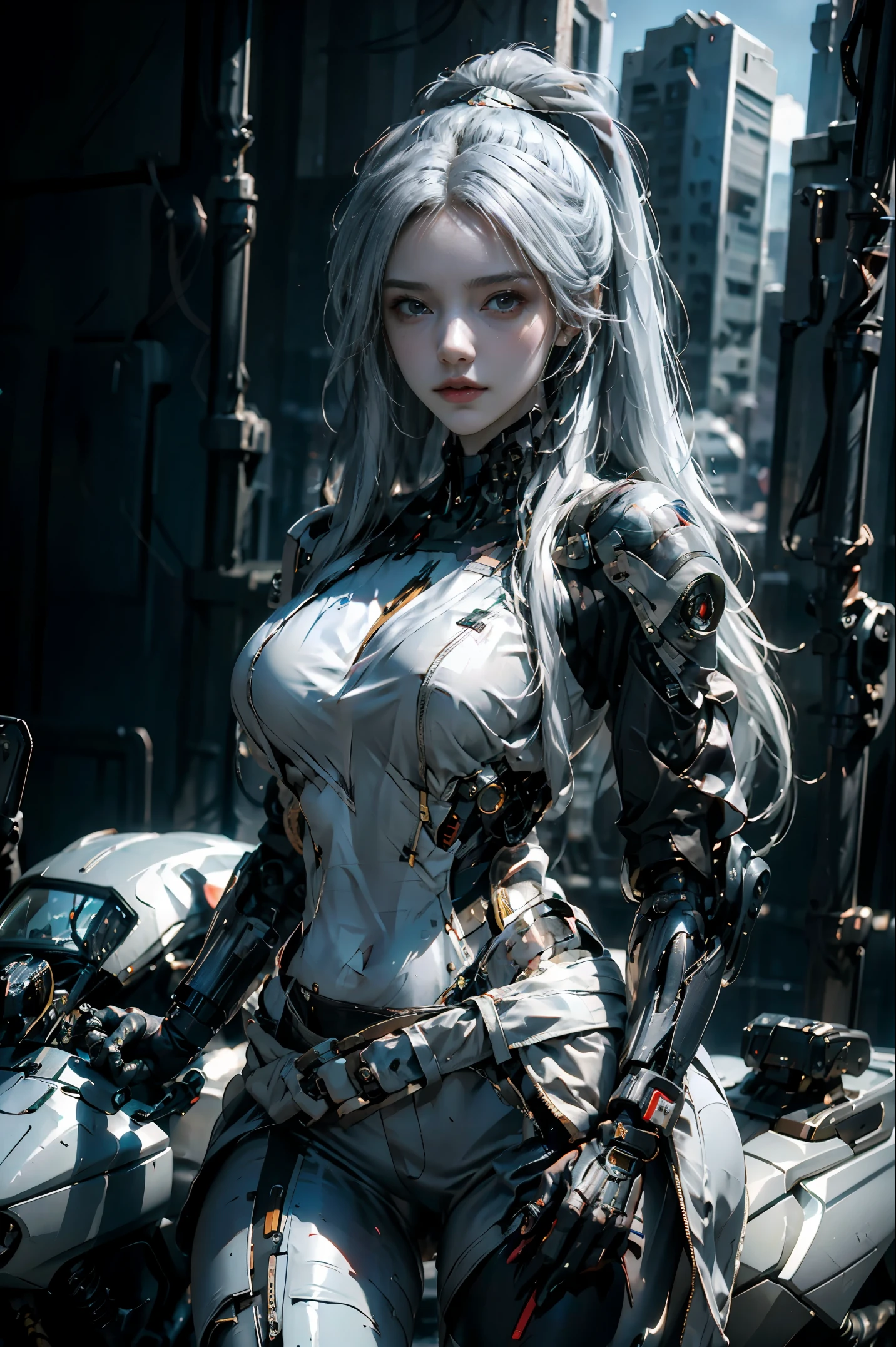 Young 18 years old Cyberpunk girl posing on a motorcycle, cute cyborg girl, beautiful white gold girl cyborg, wlop. scifi, oppai cyberpunk, perfect android girl, beautiful girl cyborg, perfect anime cyborg woman, smooth digital concept art, girl in mecha cyber armor, gynoid cyborg body, cyberpunk anime girl mech, cyborg girl, holding bazoka on her hand, ultra detile, bright skin