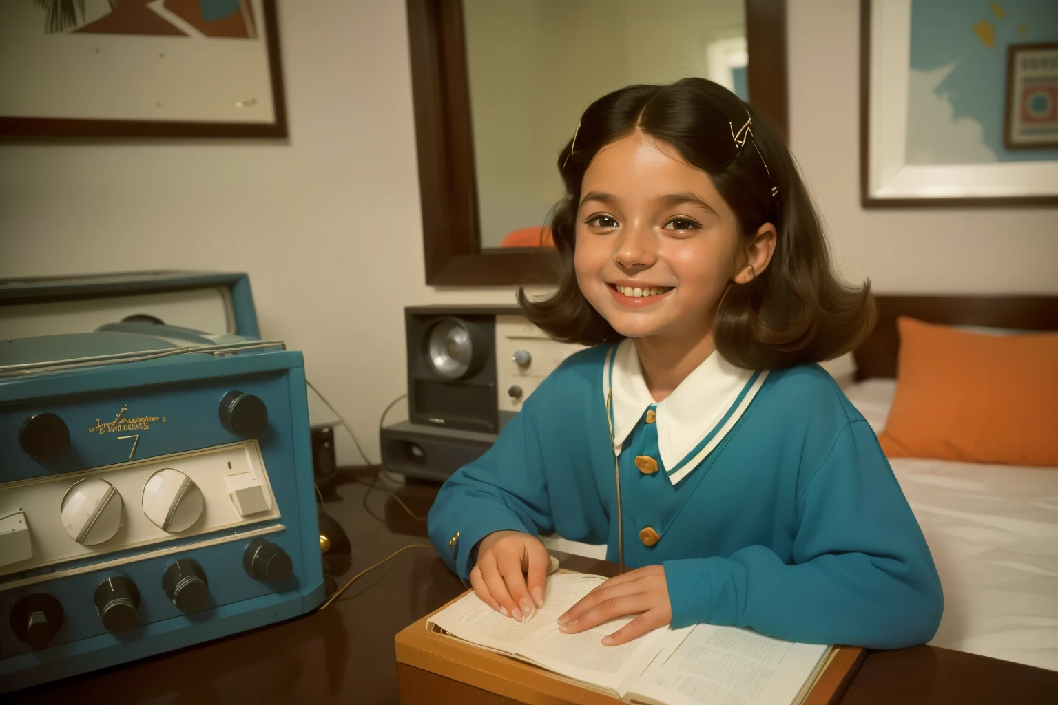 1972, Manhasset, New York. Otherworldly scene in a small bedroom, ((((7--old).R. Moehringer)), listening to a radio, ((smiling expression)), ((((casual clothing from the 1970s)))), ((Hairstyle of the 1970s)), ((Wes Anderson cinematic style)), colorful