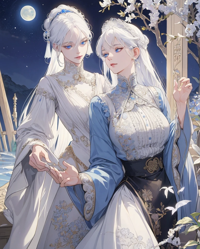(extremely delicate and beautiful:1.2), 8K,(masterpiece:1.0),(the best_quality:1.0), 1 girl, mature woman, intricate details, enlarged texture, intricate details, Detailed eyes and detailed face, intricate details, white hair, , perfect blue eyes, equal gaze, (women's clothes,antique clothing,Gorgeous hair accessories,古风mature woman,breeze,Moonlight,