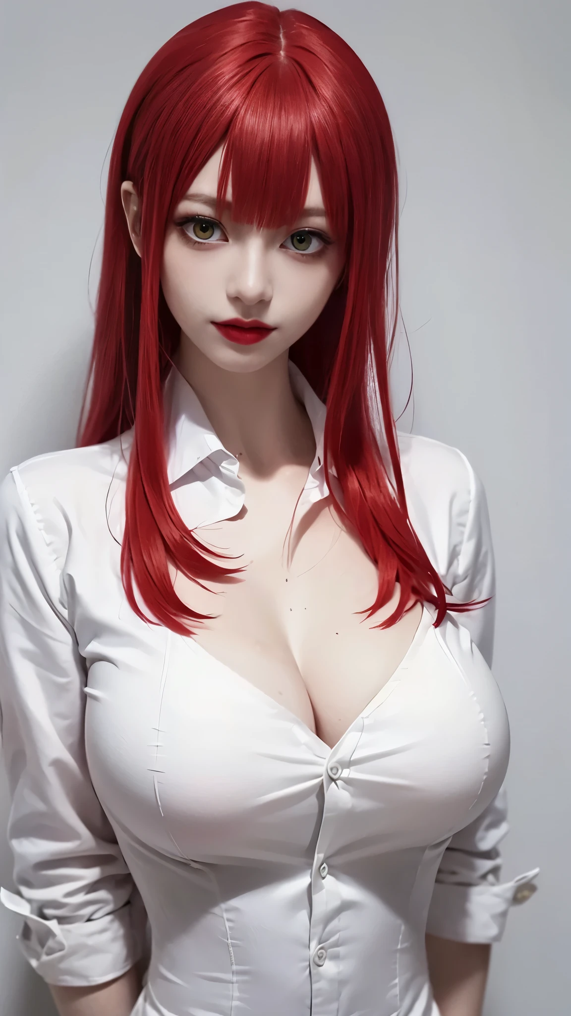 (((Makima))) from chainsaw man,Mappa, white background , Red hairs, white shirt,black tie, expressive eyes,evil happy look,red lips , beautiful evil look,pale skin,red lips,
Clear white background,large breasts,beautiful big eyes