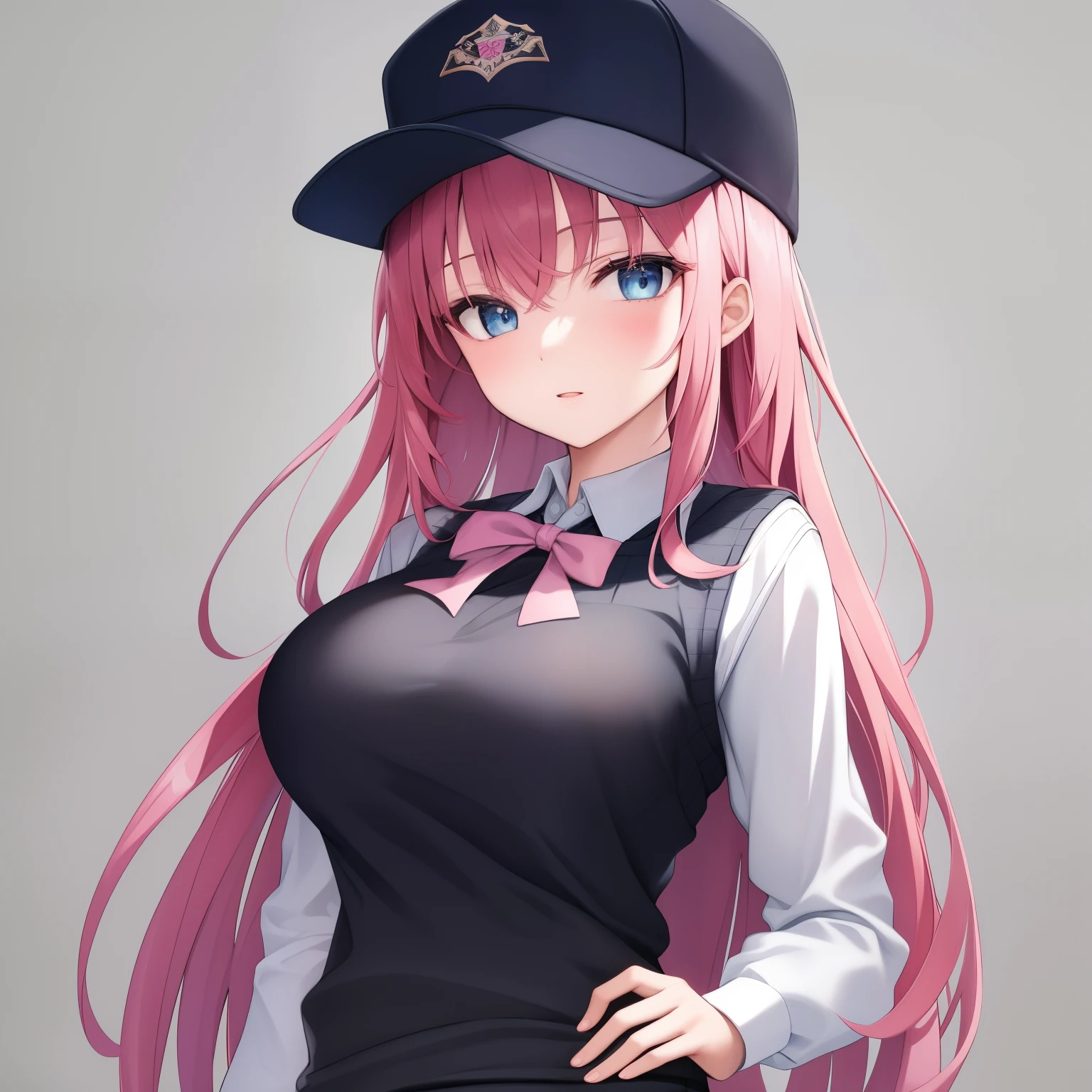  (masterpiece, best quality:1.2), close-up image of, a person with long pink hair, blue eyes, wearing a black snapback hat, with a white long-sleeved sweater and a black knitted vest, a short gray school skirt, ultra detailed, best quality, expressive eyes, perfect face, ultra hight quality, ultra detail , pink ribbon, he is ************, breasts a little big