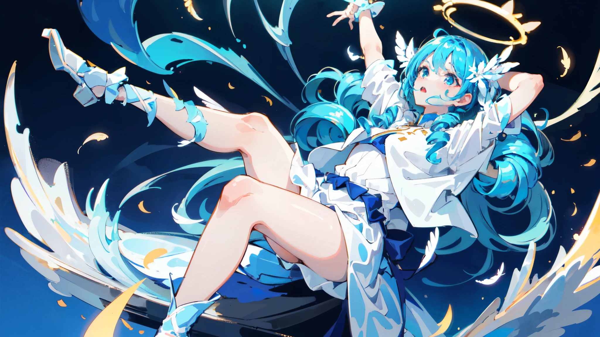 1 girl,solo, masterpiece, best quality,she is an angel，Glowing halo above head，feather wings，pure white robe，Falling from the sky，look up，perfect lighting,，long hair, Double tail, drill hair, blue hair, blue eyes, Gwen, 