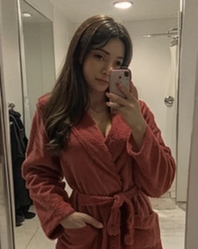 woman in a red bathrobe, selfie from mirror
