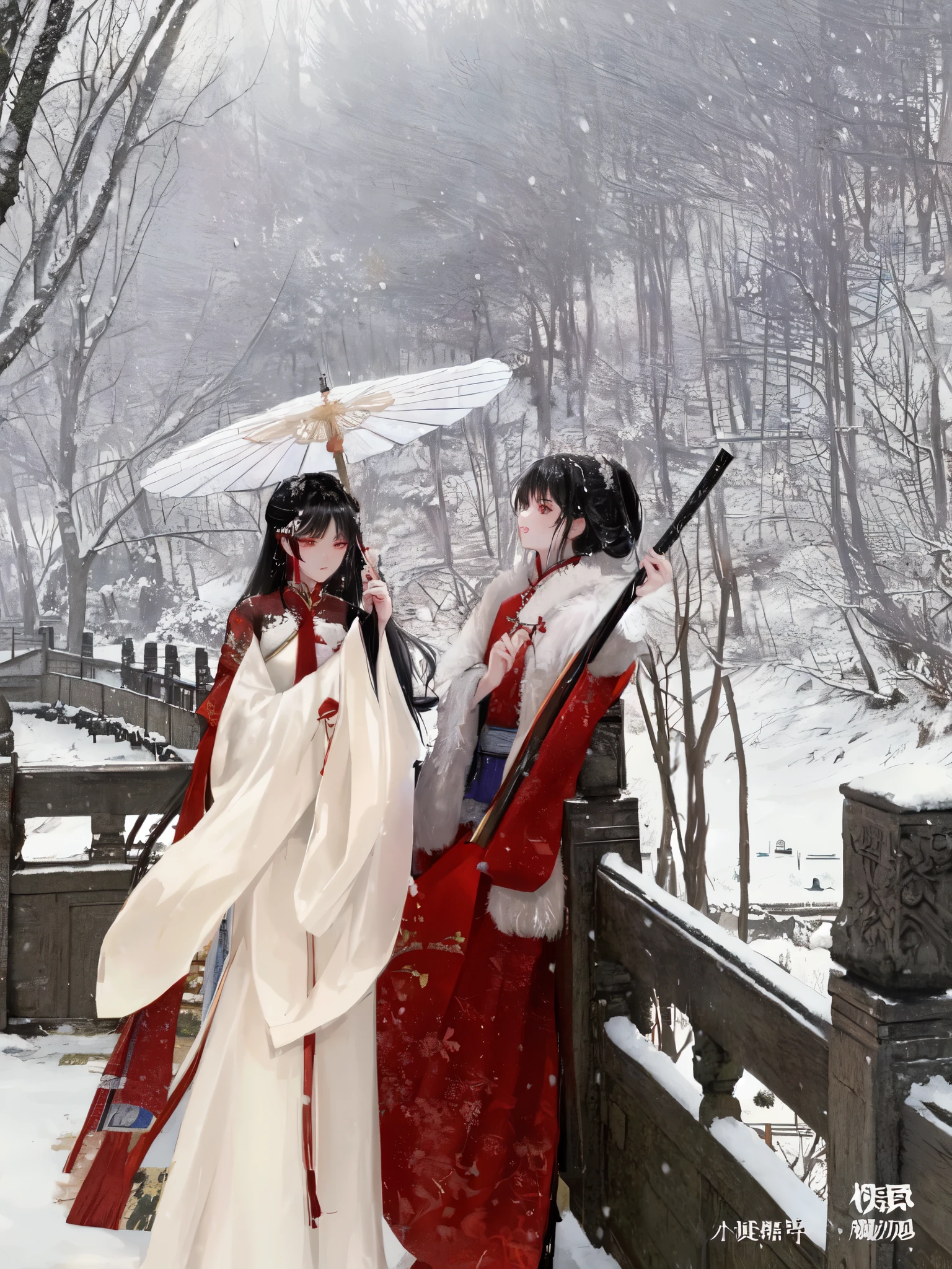 two women in traditional chinese dress standing on a bridge in the snow, hanfu, white hanfu, wearing ancient chinese clothes, traditional chinese clothing, palace ， a girl in hanfu, chinese style, with acient chinese clothes, full body wuxia, inspired by Ma Yuanyu, traditional chinese, 8k)), wuxia, chinese fantasy