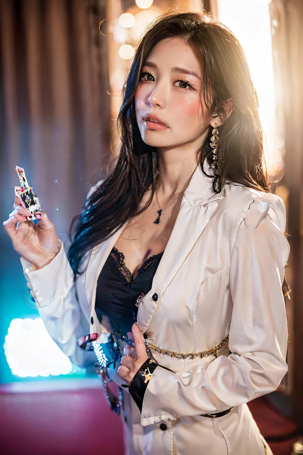 Top quality, 35mm lens, f/1, (cowboy shot:1.5), looking at viewer,
1 beautiful japanese woman, beautiful eyes, bright pupils, smile, delicate face, detailed skin, long hair, makeup, wearing exquisite dress, falling casino Roulette and chips element in back, blur white background,