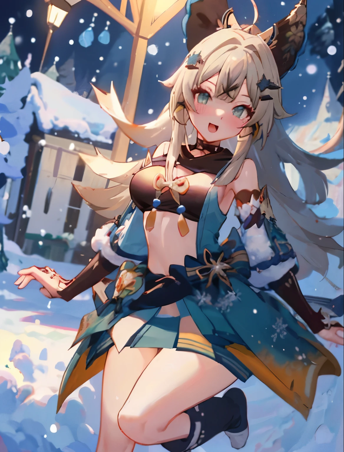 Beutiful,sexy,medium sized breasts,christmast outfit,anime girl,christmast gift,night,snow,christmast dress