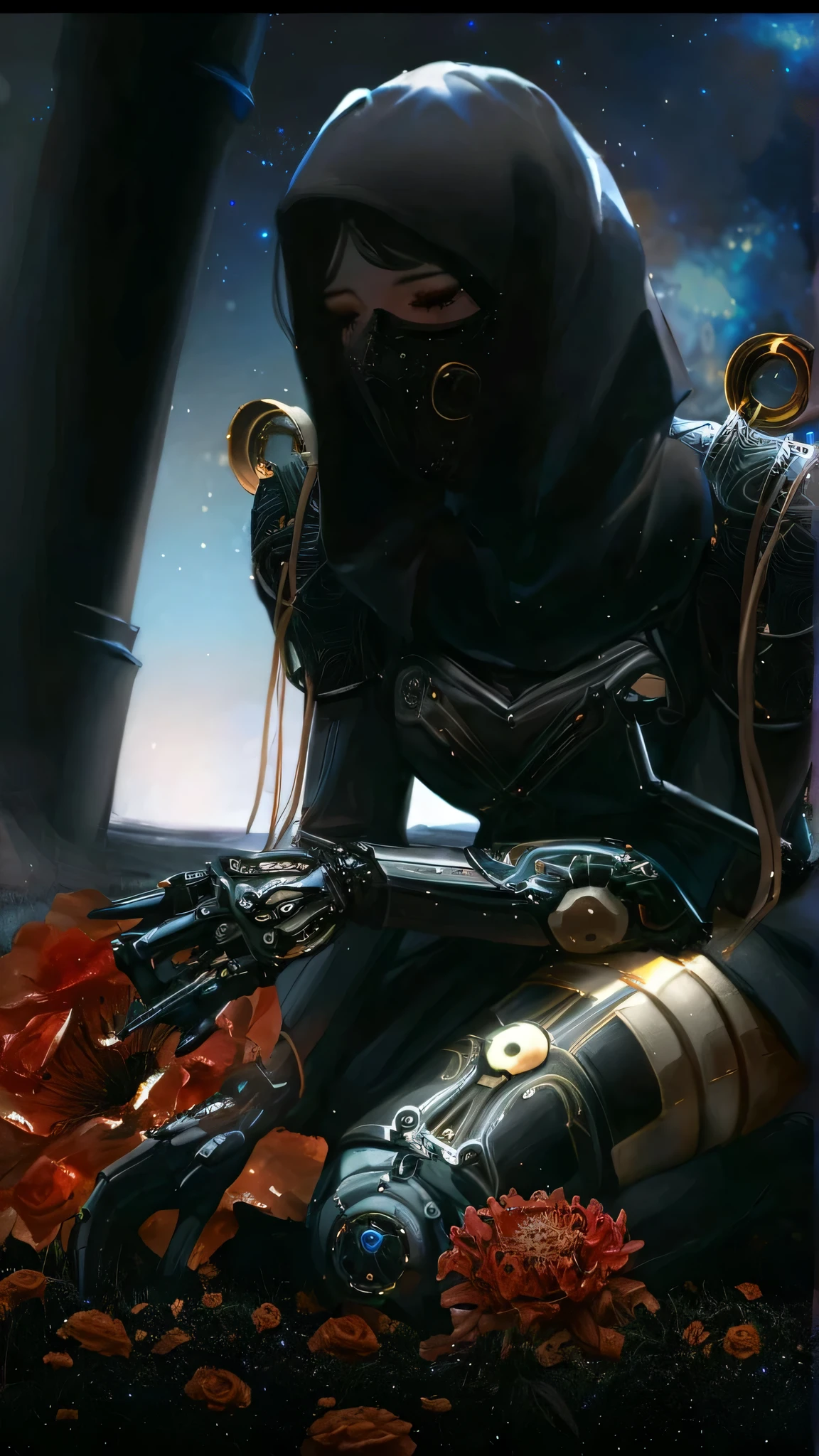 There is a girl wearing a black headscarf and a black mask sitting on the rock, inspired author:Raymond Swanland, Raymond Swanland的风格, Craig Mullins Key to Darkness, Craig Mullins Necro, author:Raymond Swanland, Inspired by Marek Ocon, Iron Inquisitor of Misterborn, Wallop. science fiction, Craig Mullins and Artgerm, craig mullins style