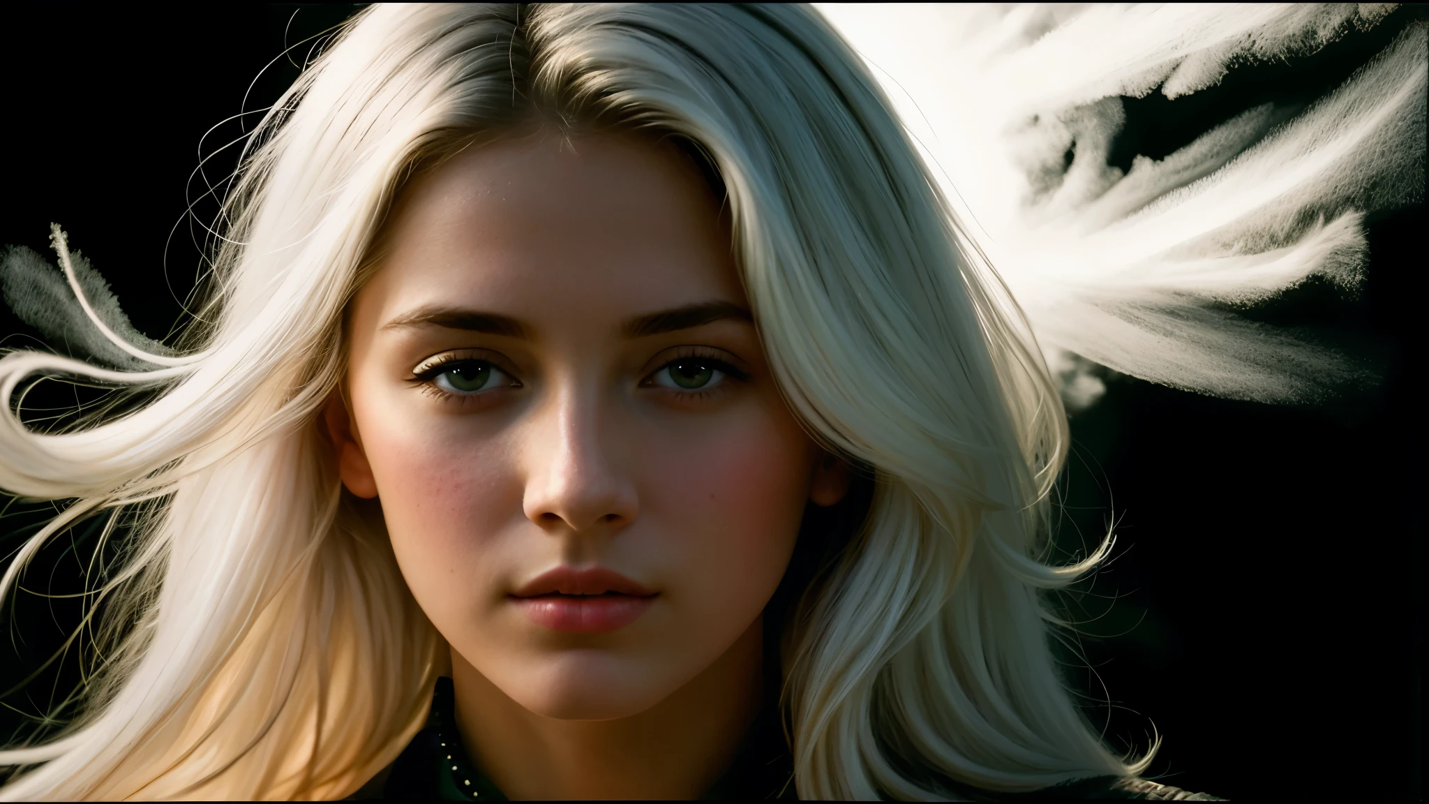 (front focus),(in the dark:1.6), Hyperrealist portrait of the female by David Hockney and Alphonse Mucha, fantasy art, photo-realistic, dynamic lighting, art station, poster, volumetric lighting, very detailed faces, 4 k, award-winning,, 1girl, in the dark, deep shadow, low key, cowboy shot,(official clothing:1.4), long hair, white hair,
