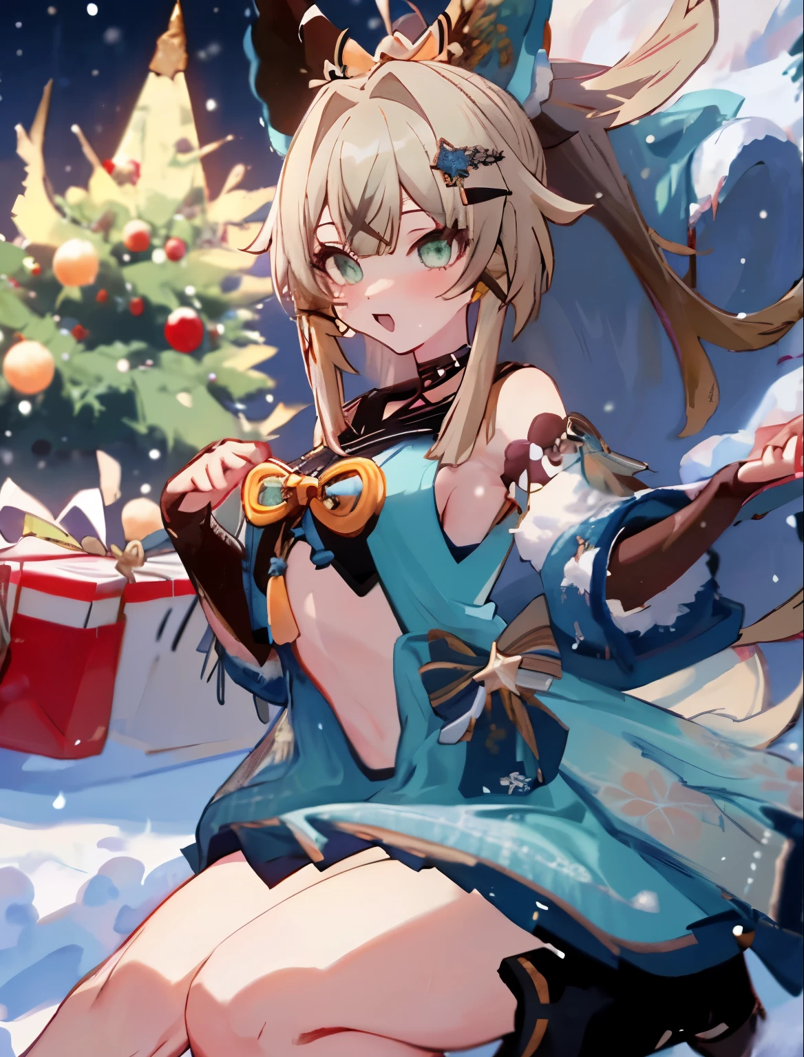 Beutiful,sexy,medium sized breasts,christmast outfit,anime girl,christmast gift,night,snow,christmast dress