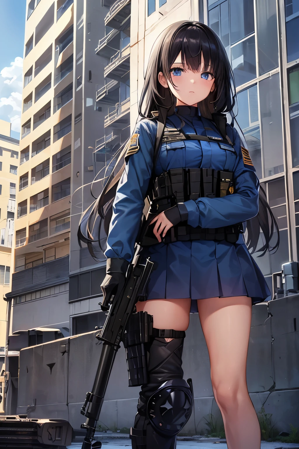 (highest resolution, clear_image), best quality, muste piece, extremely detailed, 1 girl, black hair, long hair, eyes are blue, (((gun))), ((((under the building)))), (((protective shield))), (((Equipment))), blue uniform, (((rifle))), blue uniform jacket, soldier, light blue pleated skirt, military uniform, (((lots of military vehicles))), (((lots of soldiers))),