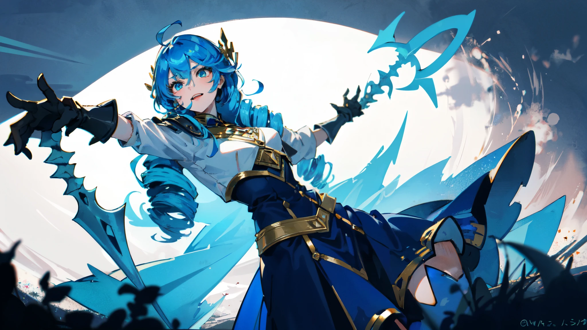 1 girl,solo, masterpiece, best quality,green forest hero，Laugh heartily，giant ax and，Dirty leather armor，blue face pattern，perfect lighting, long skirt，long hair, Double tail, drill hair, blue hair, blue eyes, Gwen, 