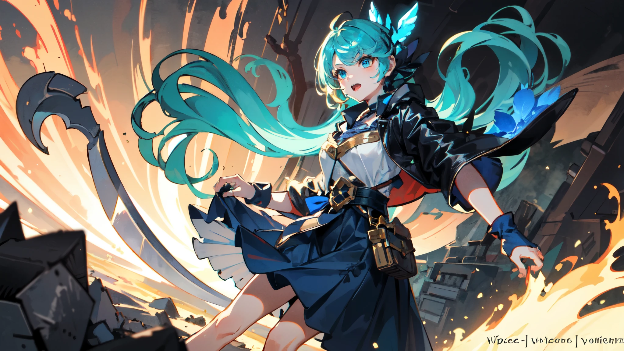 1 girl,solo, masterpiece, best quality,green forest hero，Laugh heartily，giant ax and，Dirty leather armor，blue face pattern，perfect lighting, long skirt，long hair, Double tail, drill hair, blue hair, blue eyes, Gwen, 