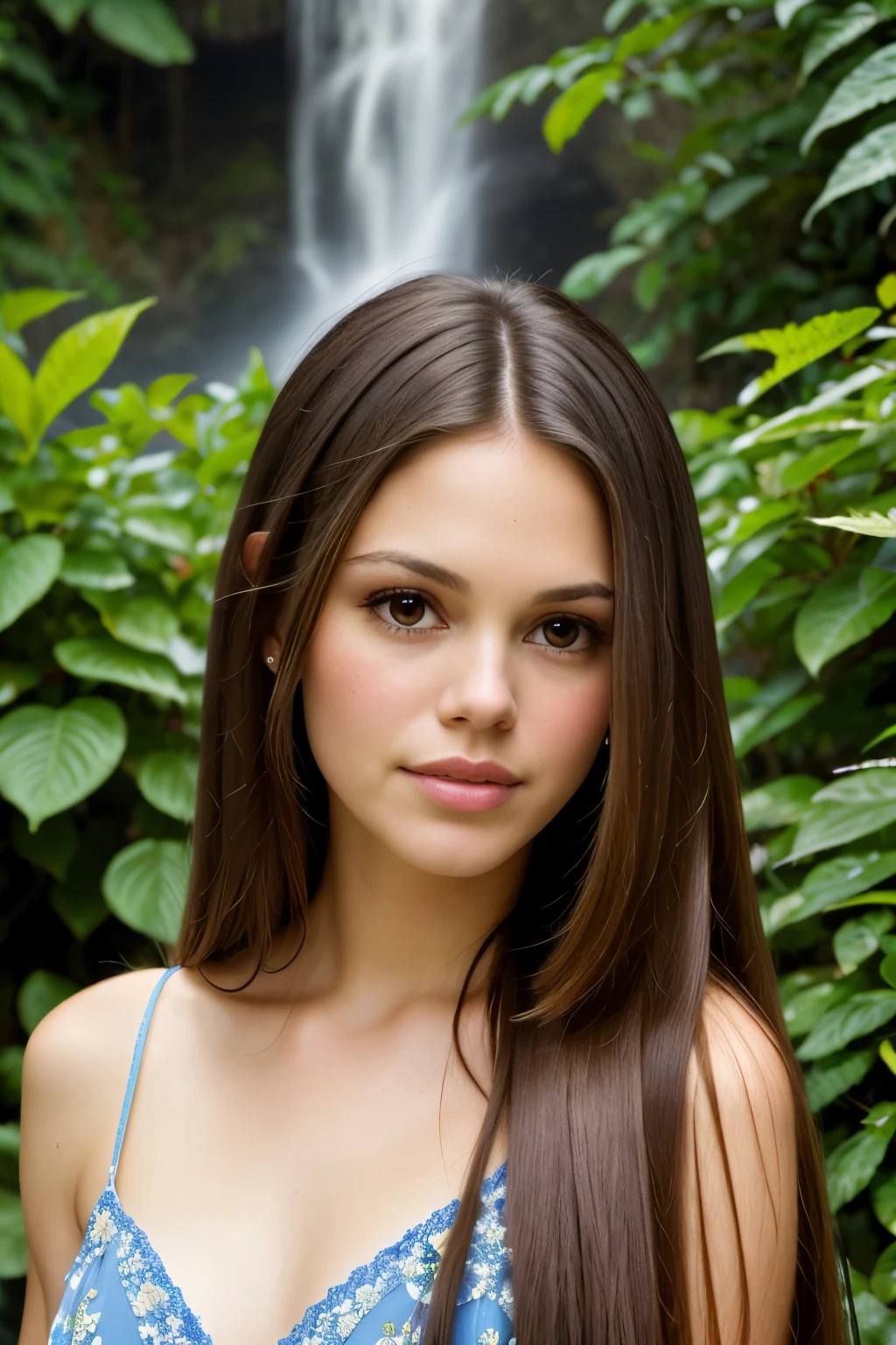 masterpiece, best quality, ultra high res, (photorealistic:1.4), RachelBilson, (long straight hair:1.2), (looking into camera:1.2), (gently brush hair from face:1.2), shiny skin, botanical garden, flying butterflies, blue butterfly on hand, waterfall, humid air, greenery, exotic flowers