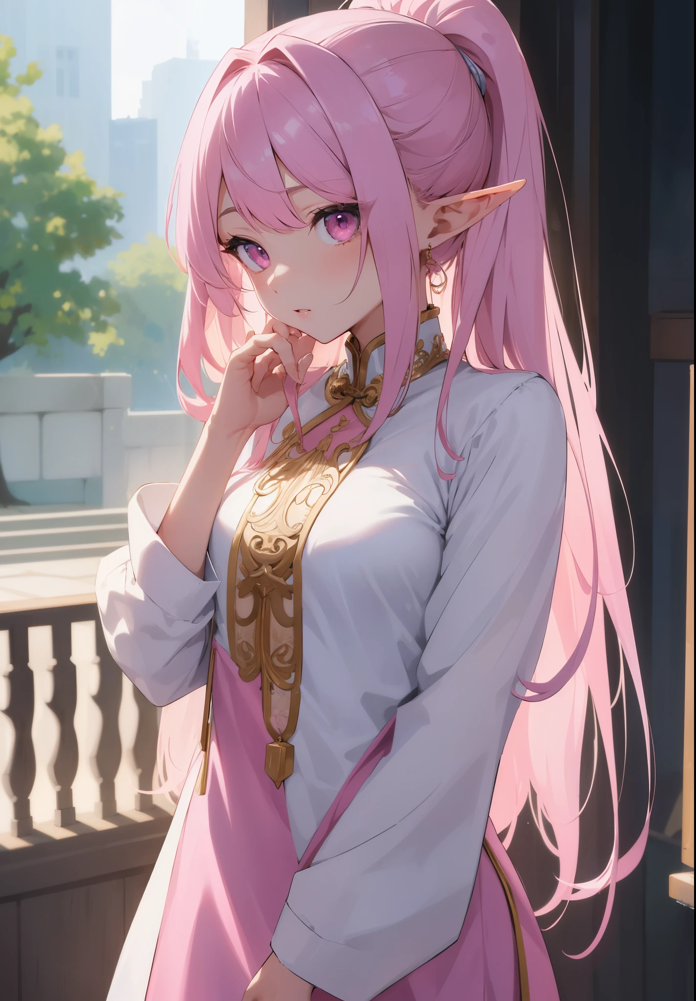 (anime,8k,masterpiece, top quality, best quality,beautiful and aesthetic:1.2,professional illustrasion:1.1,ultra detail:1.erfect  lighting), extremely detailed, highest detailed, incredibly absurdres, highres, ultra detailed, intricate:1.6, (girl), noble, (highly detailed beautiful face and eyes), pale skin, parfect body, pink eyes, elf ears, pink hair, long hair, straight hair, long skrt, cute, china dress, chinese clothes
