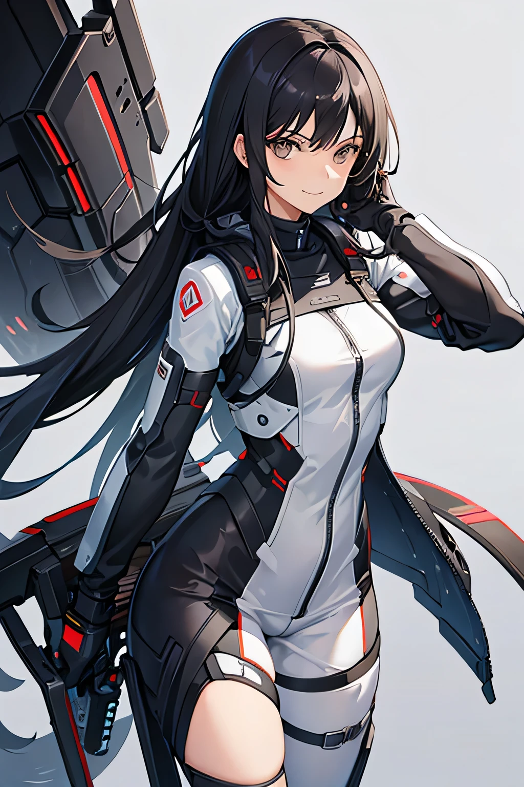 female, sci fi grey outfit, long black hair, brown eyes, smirk, confident pose