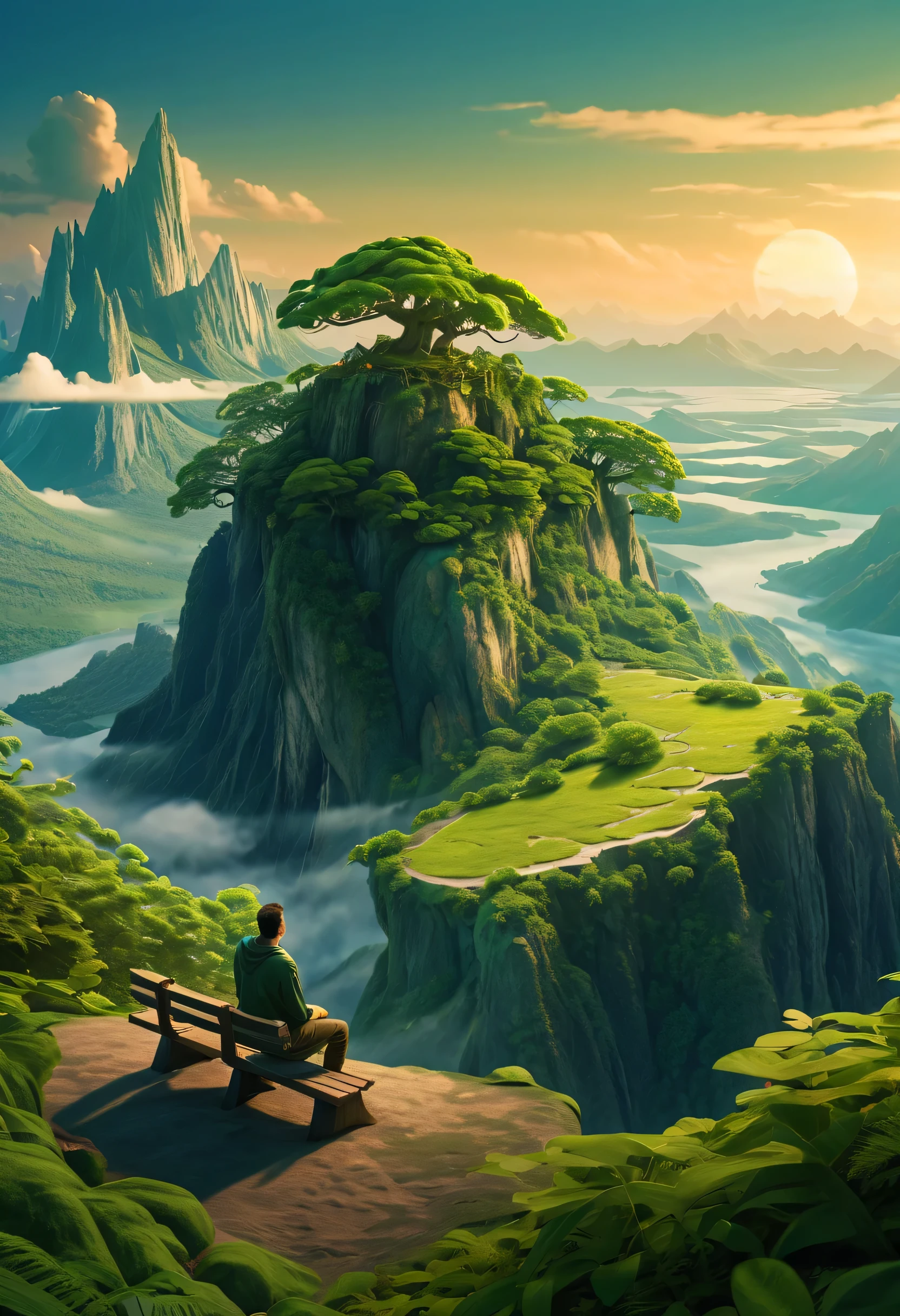 There is a man sitting on a bench at the top of the mountain, Organic matte paint, avatar scenery, fantasy matte painting，Lovely, Luxurious matte painting, illustration matte painting, 3D rendering and matte painting, Made of trees and fantasy valley, Exquisite matte painting, 3D matte painting, An epic matte painting of an island, Fantasy style matte painting, fantasy matte painting
