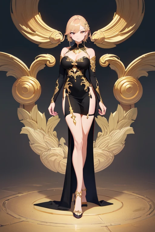 ((masterpiece)),(top quality),(best quality),(((ultra-detailed , 8k quality))), (large masterpiece digital art), (detailed manga ilustration) ,(detailed line art) ,((perfect anatomy)), extremely detailed body, extremely detailed legs, perfect legs, BREAK, Lady wearing a ((long elegant black split-leg dress with extreme golden embroidery)) with matching stockings.