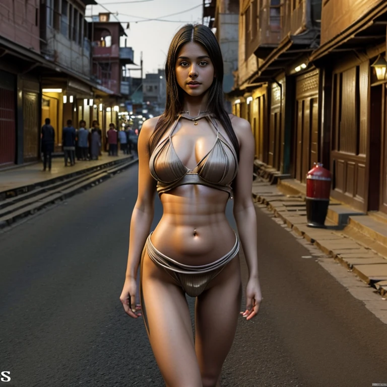Highly detailed RAW color Photo, 4k, high-res, masterpiece, best quality, beautiful 22yo girl, (cute figure), (very wide hips:1.5), (detailed skin), (detailed lips), (detailed teeth), (detailed eyes), (street of Varanasi city:1.4), (real setting) (detailed face), (mouth closed), (curvy:1.2), (strong) (huge breasts:1.2), (big breasts), (thin waist:1.5), (super thin waist), (small waist), (extremely tiny waist), full length, standing, detailed eyes, (detailed teeth), mouth closed, closed mouth, depth of field, soft lighting, masterpiece, best quality, intricate, (bloom:0.7), particle effects, raytracing, tone mapped, highly detailed, smooth, sharp focus, soft lighting, cinematic, 8K, realistic, (highly detailed background:1.4), finely detailed skin, sharp focus, (cinematic lighting), morning, soft lighting, Alia Bhatt, itaian, long hair, heels, clear bikini, clear push up bra, purple thongs, heels, necklace, jawerly,bright, sunlight, naked beautiful ,(small nipples and fair pale nipples),((Toned abs、Sexy belly、Constricted hips, beautiful ahuge ss:1.5)),(8k, RAW photo, best quality, masterpiece:1.2), High detail RAW color photo, professional photograph, (realistic, photo realistic:1.37), ((best quality)), 1girl, cinematic light, (finerly detailed face:1.2), (masterpiece:1.5), (best quality:1.2), (looking at viewer:1.2), outdoor, full body, cityscape,