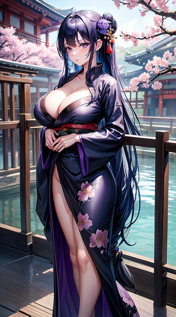 Beautiful woman with big breasts、black kimono(plum blossom pattern)、wet kimono、wet appearance、blue hair、(evening)Japanese garden、long hair down to the waist、purple eyes、embarrassed face、standing position