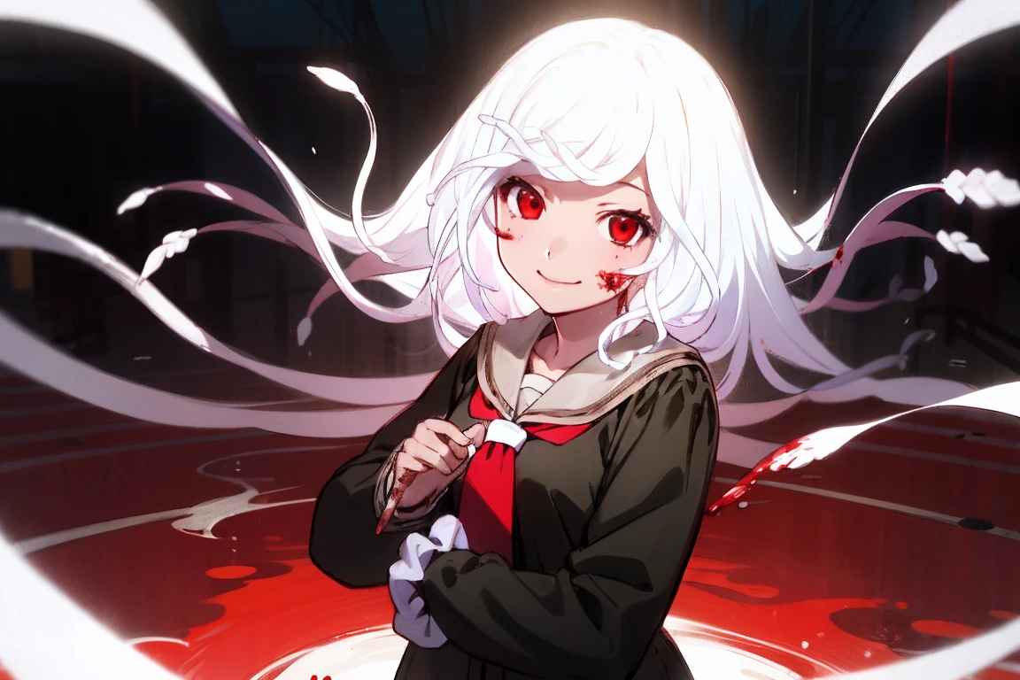 1 girl，Detailed details，White hair，white snake，red eyes，smile，shining eyes，God，A white scrunchie in one hand，red tie，sailor，long sleeve，night，blood splatter，Bloody，almost pitch black，dark lighting