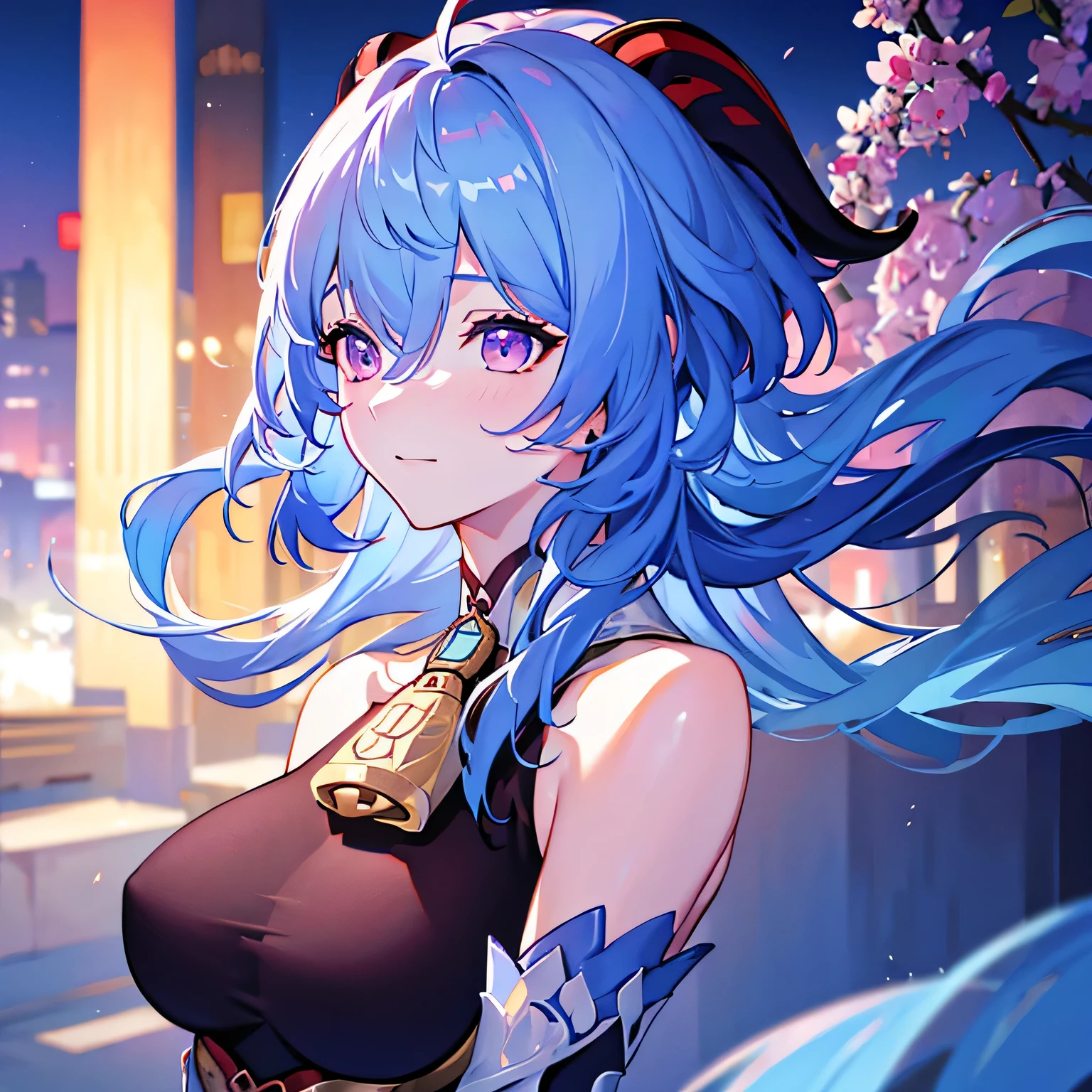 (photorealistic:1.4), (masterpiece, sidelighting, finely detailed beautiful eyes: 1.2), masterpiece*portrait, realistic, 3d face, 
ganyu \(genshin impact\), 1girl, ahoge, architecture, bangs, bare shoulders, bell, black gloves, black pantyhose, (blue hair), blush, breasts, chinese knot, detached sleeves, flower knot, gloves, horns, long hair, looking at viewer, big , neck bell，body suit，bunnygirlclothes，ganyu