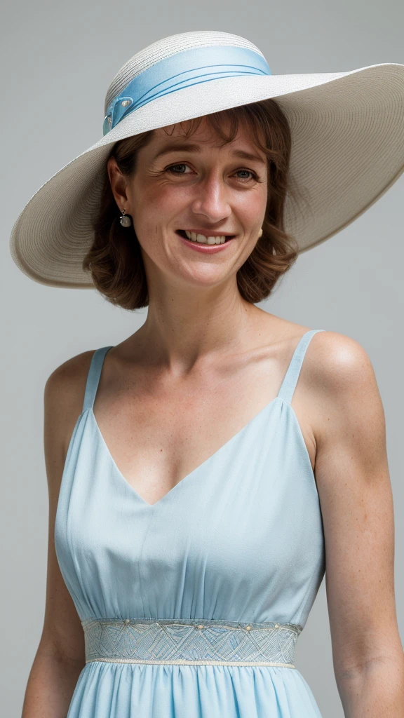 smiling woman wearing a hat with a blue band around the brim, this person does not exist, wearing a travel hat, wearing a white sun dress, annette o'toole-princess diana-maria doyle kennedy merged, entire body visible, full body, hyperrealistic, best quality, 8K, real human skin, masterpiece, extremely intricate, medium closeup, detailed eyes, detailed face, detailed body, exaggerated features, pronounced features
