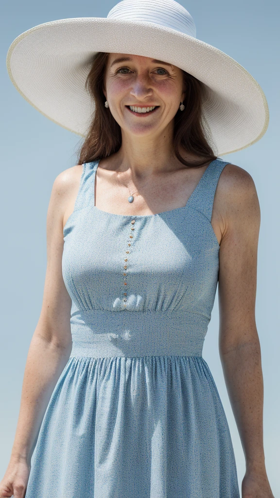 smiling woman wearing a hat with a blue band around the brim, this person does not exist, wearing a travel hat, wearing a white sun dress, annette o'toole-princess diana-maria doyle kennedy merged, entire body visible, full body, hyperrealistic, best quality, 8K, real human skin, masterpiece, extremely intricate, medium closeup, detailed eyes, detailed face, detailed body, exaggerated features, pronounced features